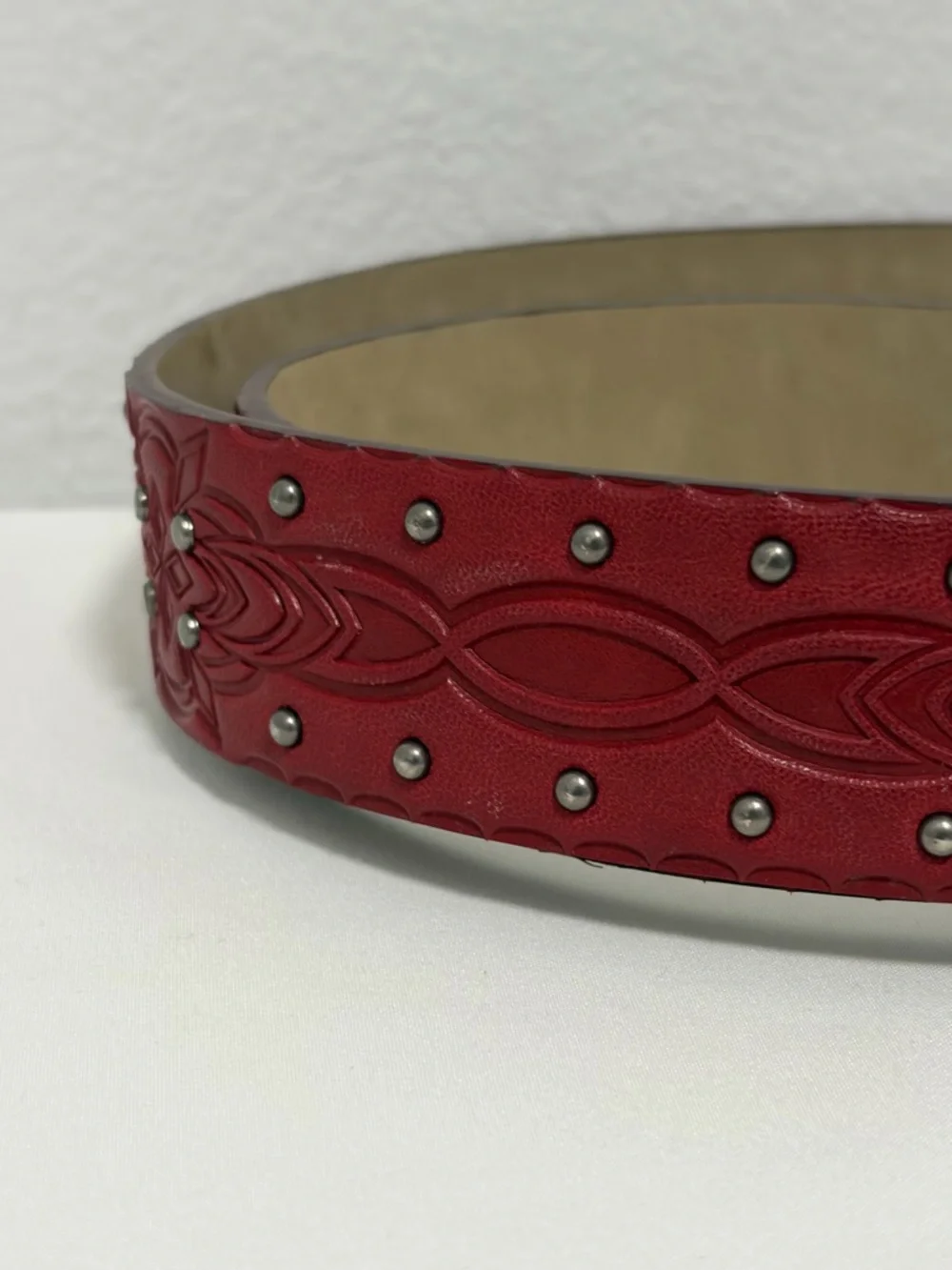 Red Faux Leather Studded & Stamped Western Belt - NWOT - 45”L